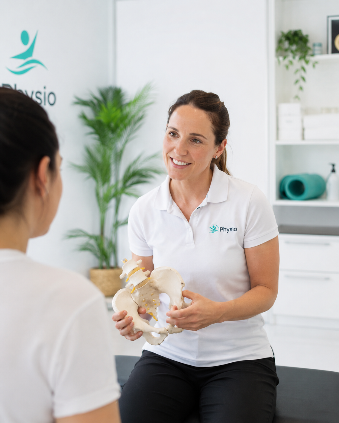 Fisioterapeuta mujer atendiendo a una paciente en clínica